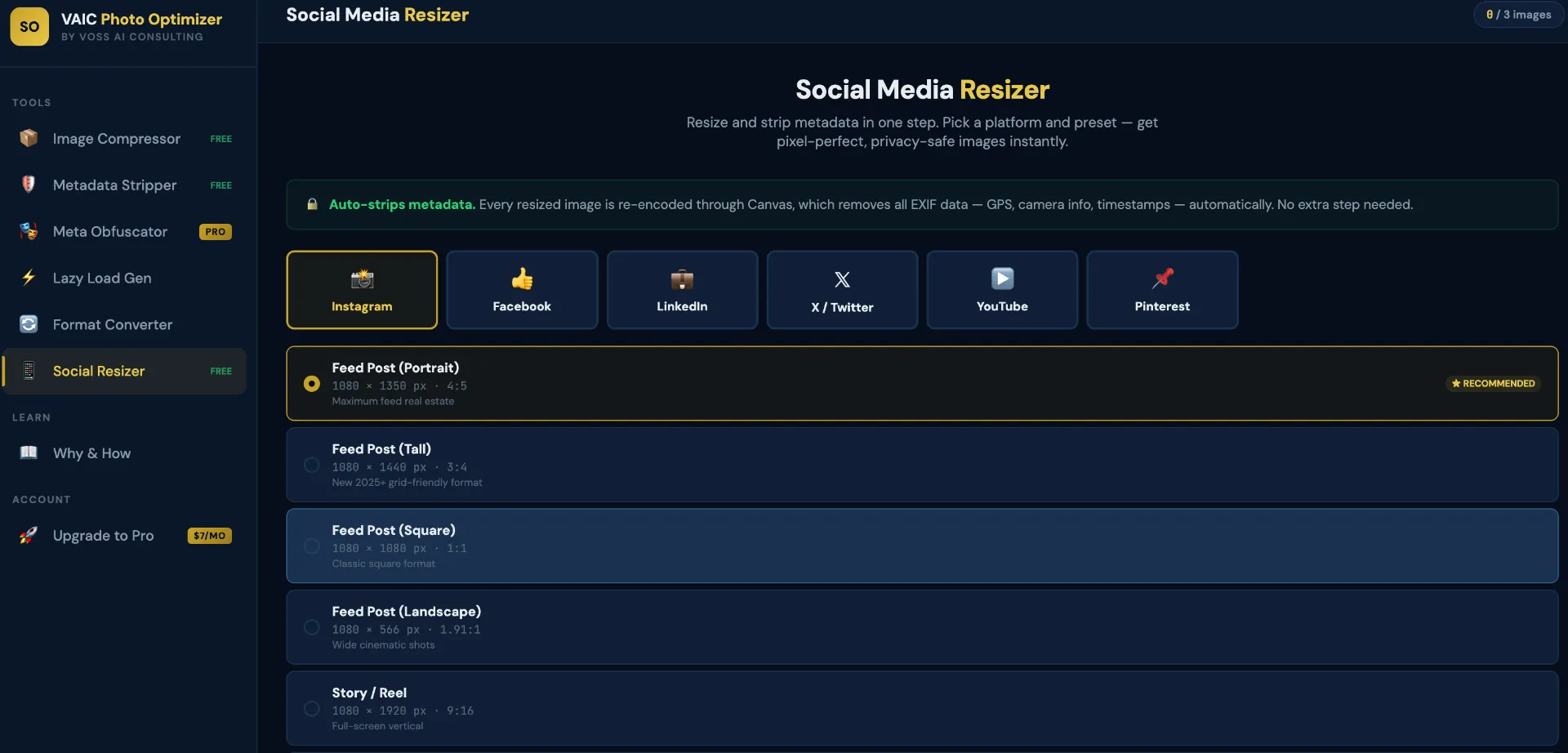Photo Optimizer interface showing image compression, format conversion, and metadata tools